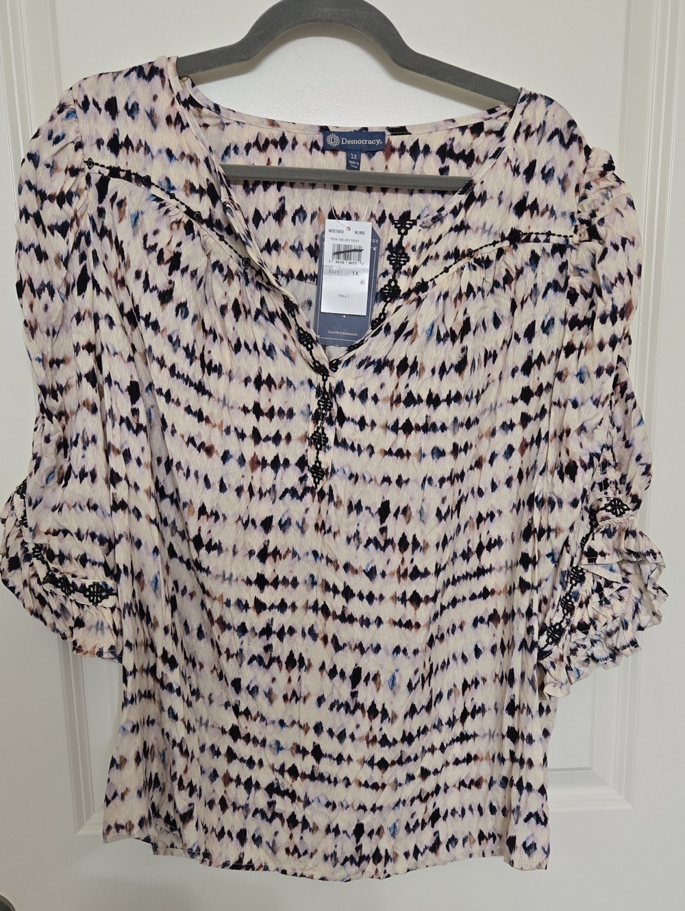 Democracy Cream Blouse with Navy & Brown Print